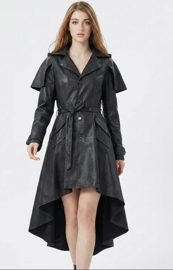 Black Leather Gothic Trench Coat Dress for Women buy online at rizwards Leather
